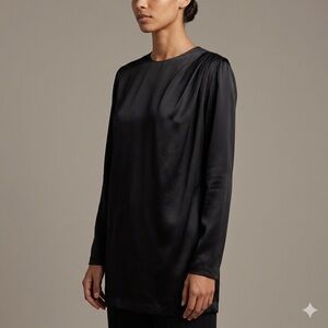 Vintage 80s Black Long Sleeve Batwing Satin Blouse - M